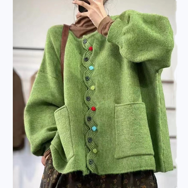 Cardigan nou cu guler rotund, retro, cu margini ondulate, culoare artistică Mori, cu nasturi, lejer, mărime plus, casual, toamnă și iarnă, pentru femei