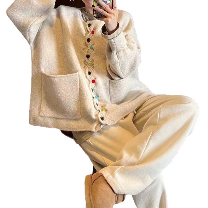 Cardigan nou cu guler rotund, retro, cu margini ondulate, culoare artistică Mori, cu nasturi, lejer, mărime plus, casual, toamnă și iarnă, pentru femei