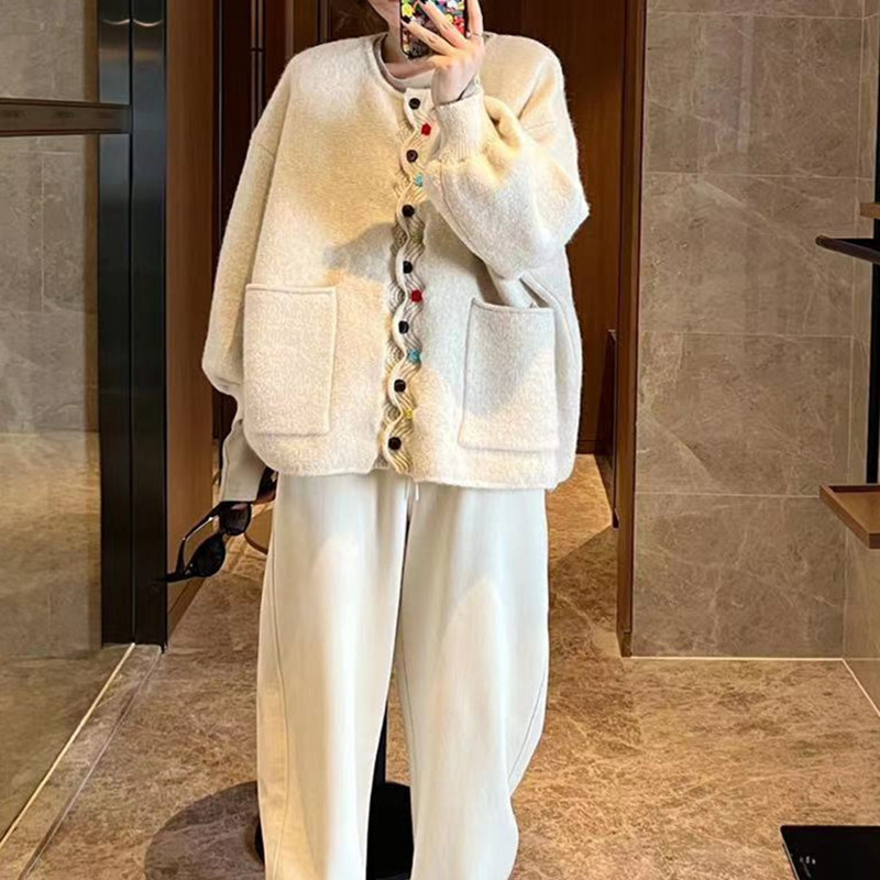 Cardigan nou cu guler rotund, retro, cu margini ondulate, culoare artistică Mori, cu nasturi, lejer, mărime plus, casual, toamnă și iarnă, pentru femei