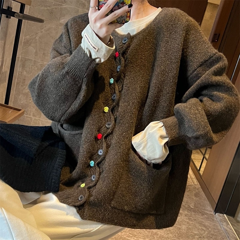 Cardigan nou cu guler rotund, retro, cu margini ondulate, culoare artistică Mori, cu nasturi, lejer, mărime plus, casual, toamnă și iarnă, pentru femei