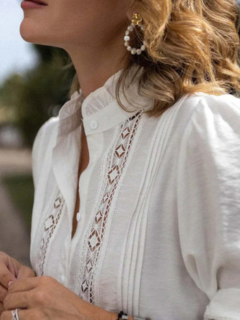 Френски стил Palace Vintage риза за жени, есенна нова сладка дантелена шевна едноредна елегантна риза с ръкав фенер, модерен топ