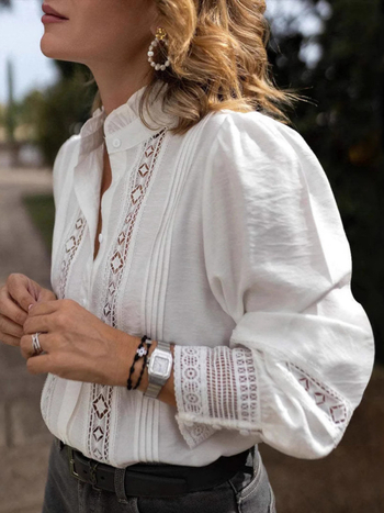 Френски стил Palace Vintage риза за жени, есенна нова сладка дантелена шевна едноредна елегантна риза с ръкав фенер, модерен топ