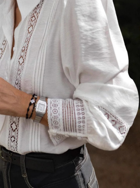 Francia stílusú palota vintage ing női őszi új, édes csipkevarrás, egysoros, lámpás ujjú, divatos felső