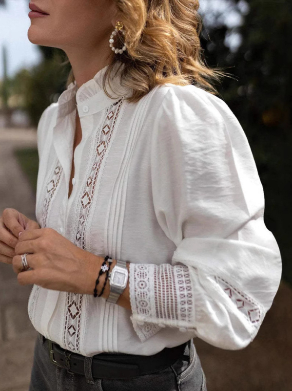 Francia stílusú palota vintage ing női őszi új, édes csipkevarrás, egysoros, lámpás ujjú, divatos felső