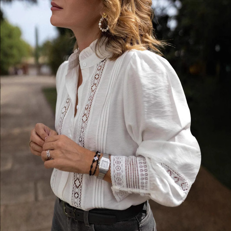 Francia stílusú palota vintage ing női őszi új, édes csipkevarrás, egysoros, lámpás ujjú, divatos felső