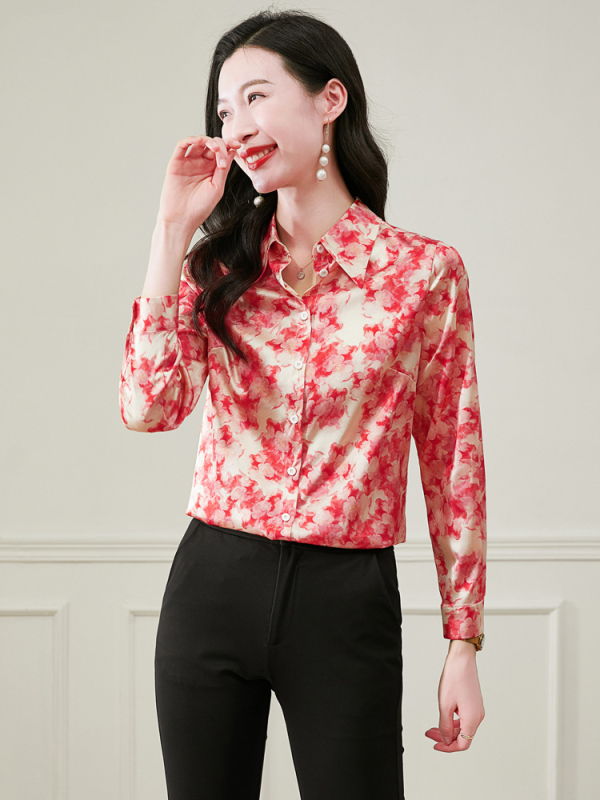 2025 tavaszi hajtókás divatos nyomtatott szellemi selyem hosszú ujjú ing elegáns divatos női ing