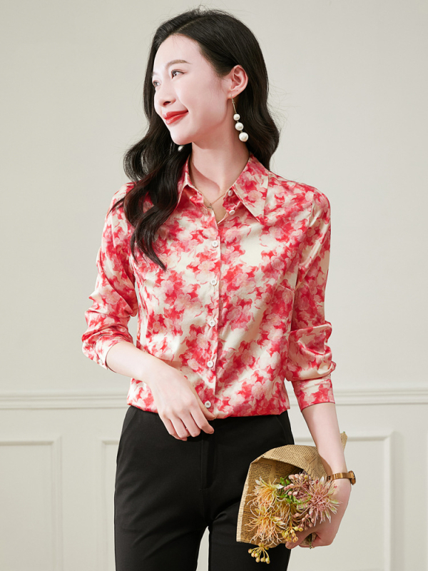 2025 tavaszi hajtókás divatos nyomtatott szellemi selyem hosszú ujjú ing elegáns divatos női ing