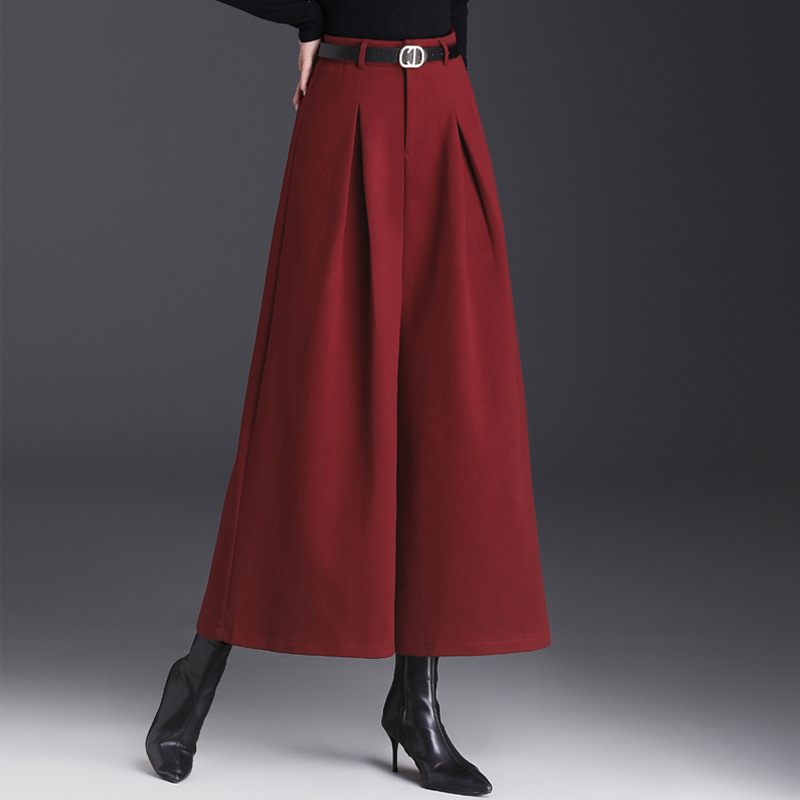 2023 m. rudens ir žiemos kolekcijos naujos aukštu liemeniu vilnonės plačios moteriškos kelnės, laisvai krentančios, plačios kelnės, madingos, temperamentingos, pastorintos, sūpynės stiliaus kelnės.