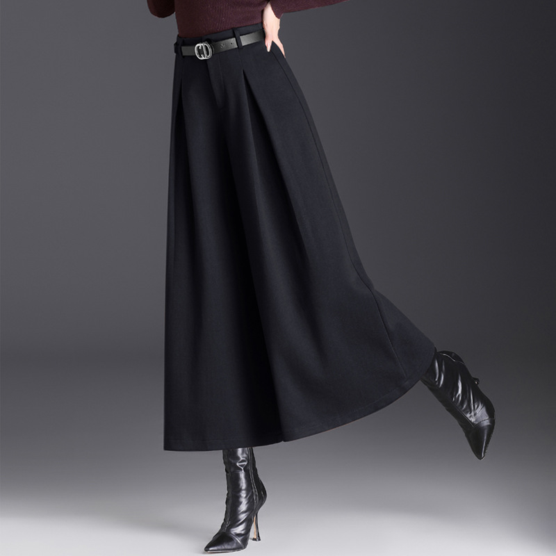 2023 m. rudens ir žiemos kolekcijos naujos aukštu liemeniu vilnonės plačios moteriškos kelnės, laisvai krentančios, plačios kelnės, madingos, temperamentingos, pastorintos, sūpynės stiliaus kelnės.