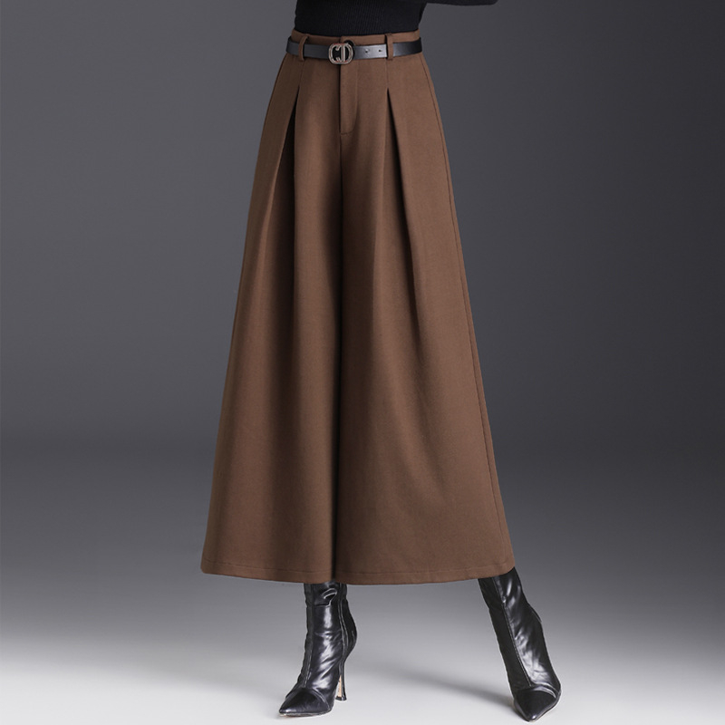 2023 m. rudens ir žiemos kolekcijos naujos aukštu liemeniu vilnonės plačios moteriškos kelnės, laisvai krentančios, plačios kelnės, madingos, temperamentingos, pastorintos, sūpynės stiliaus kelnės.