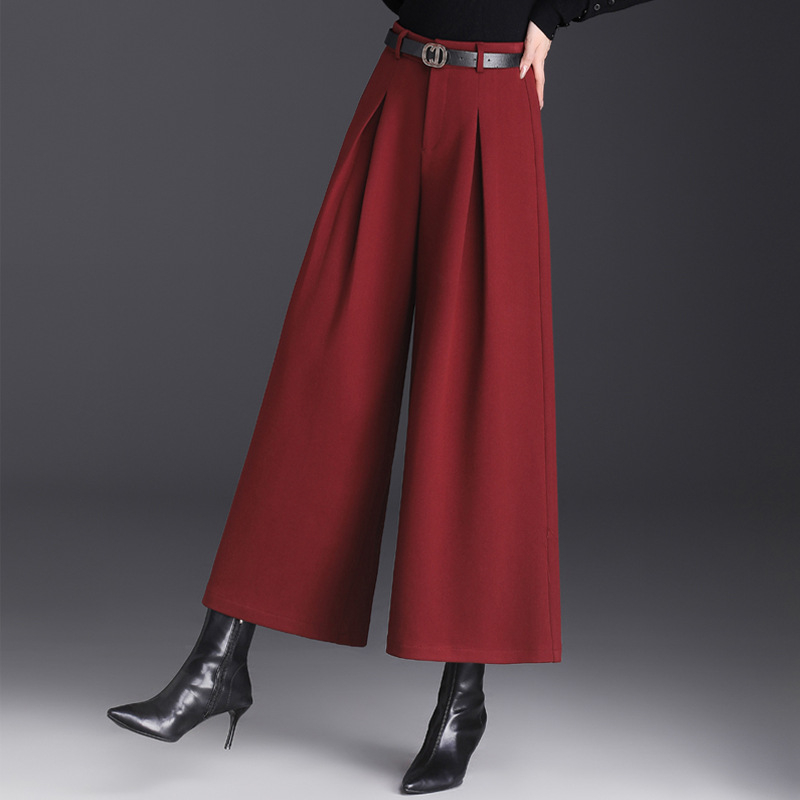 2023 m. rudens ir žiemos kolekcijos naujos aukštu liemeniu vilnonės plačios moteriškos kelnės, laisvai krentančios, plačios kelnės, madingos, temperamentingos, pastorintos, sūpynės stiliaus kelnės.