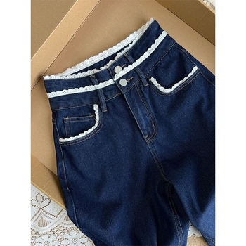 Tamsiai mėlynos nėriniuotos liemens džinsinės kelnės moterims. Nišinio stiliaus rudens stiliaus naujos retro stiliaus liekninamosios laisvos tiesios ilgos kelnės.