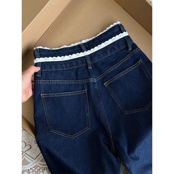 Tamsiai mėlynos nėriniuotos liemens džinsinės kelnės moterims. Nišinio stiliaus rudens stiliaus naujos retro stiliaus liekninamosios laisvos tiesios ilgos kelnės.