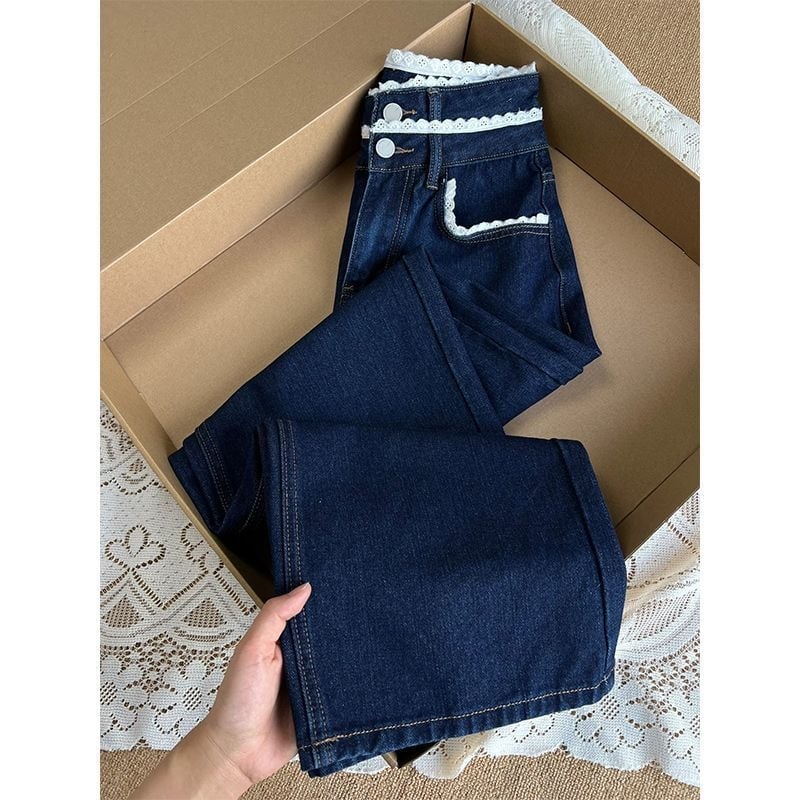 Tamsiai mėlynos nėriniuotos liemens džinsinės kelnės moterims. Nišinio stiliaus rudens stiliaus naujos retro stiliaus liekninamosios laisvos tiesios ilgos kelnės.