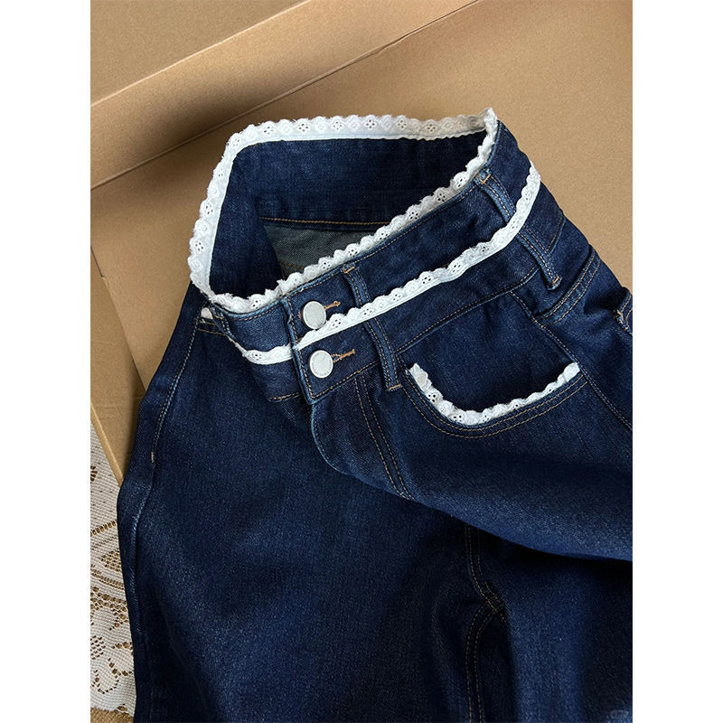 Tamsiai mėlynos nėriniuotos liemens džinsinės kelnės moterims. Nišinio stiliaus rudens stiliaus naujos retro stiliaus liekninamosios laisvos tiesios ilgos kelnės.