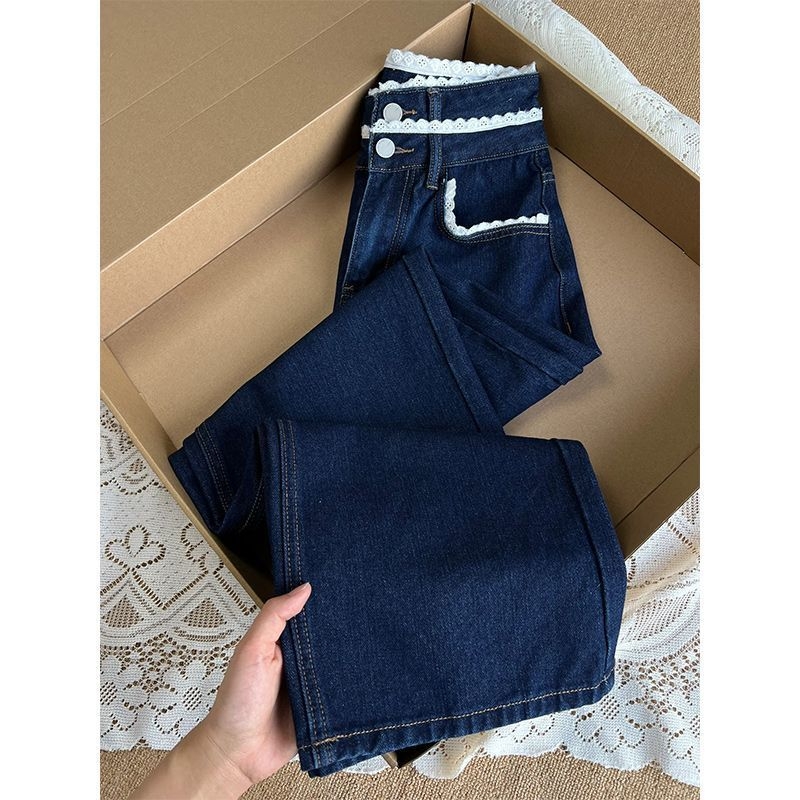 Tamsiai mėlynos nėriniuotos liemens džinsinės kelnės moterims. Nišinio stiliaus rudens stiliaus naujos retro stiliaus liekninamosios laisvos tiesios ilgos kelnės.