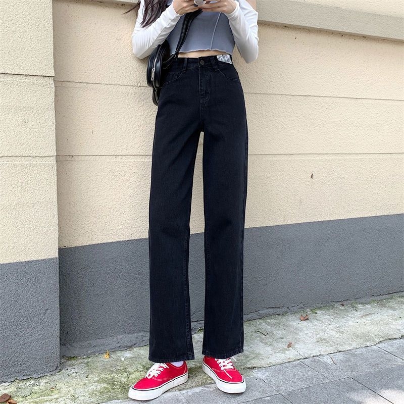 Tamsiai mėlynos nėriniuotos liemens džinsinės kelnės moterims. Nišinio stiliaus rudens stiliaus naujos retro stiliaus liekninamosios laisvos tiesios ilgos kelnės.