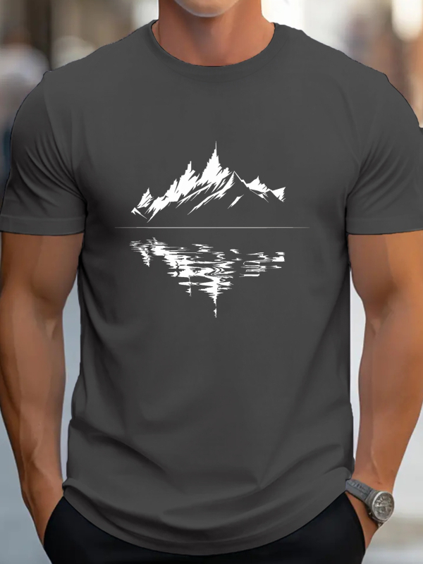 Férfi G500 tiszta pamut póló - szabásmintás, természetes táj, hegyi tó mintás, lélegző kötött, kerek nyakú