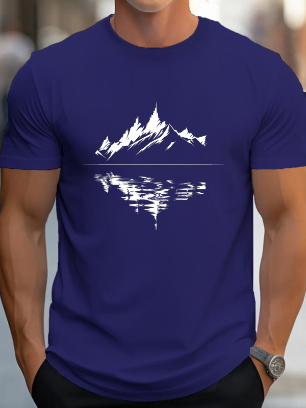 Férfi G500 tiszta pamut póló - szabásmintás, természetes táj, hegyi tó mintás, lélegző kötött, kerek nyakú