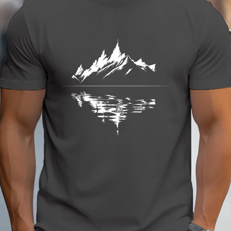 Férfi G500 tiszta pamut póló - szabásmintás, természetes táj, hegyi tó mintás, lélegző kötött, kerek nyakú