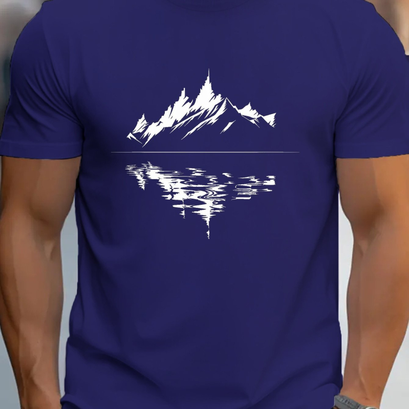 Férfi G500 tiszta pamut póló - szabásmintás, természetes táj, hegyi tó mintás, lélegző kötött, kerek nyakú