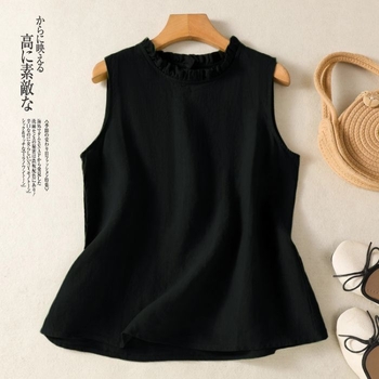 Ρετρό Γιλέκο από Βαμβάκι και Λινό σε Καθαρό Χρώμα για Γυναικεία, Αμάνικο Καλοκαιρινό Νέο Εξωτερικό Ρούχο, Κολάρο με Μύκητες, Πουκάμισο Μεγάλου Μεγέθους Western Style