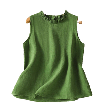 Ρετρό Γιλέκο από Βαμβάκι και Λινό σε Καθαρό Χρώμα για Γυναικεία, Αμάνικο Καλοκαιρινό Νέο Εξωτερικό Ρούχο, Κολάρο με Μύκητες, Πουκάμισο Μεγάλου Μεγέθους Western Style