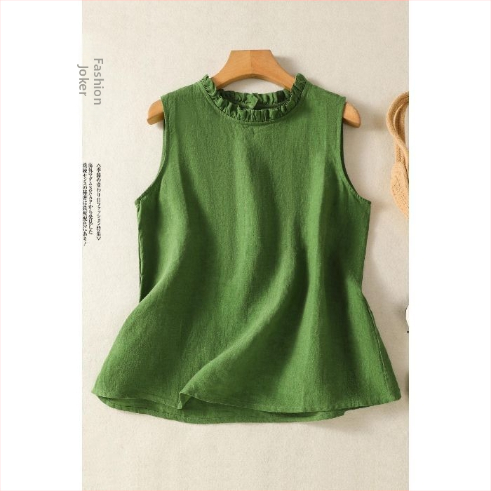 Retro pamut és lenvászon tiszta színű mellény felső nőknek, ujjatlan nyári új felsőruházat, gomba alakú gallér, western stílusú nagy méretű ing