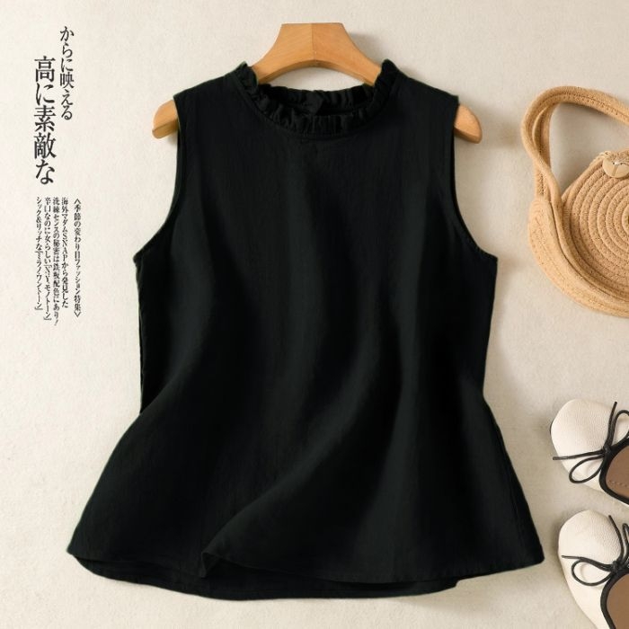 Retro pamut és lenvászon tiszta színű mellény felső nőknek, ujjatlan nyári új felsőruházat, gomba alakú gallér, western stílusú nagy méretű ing