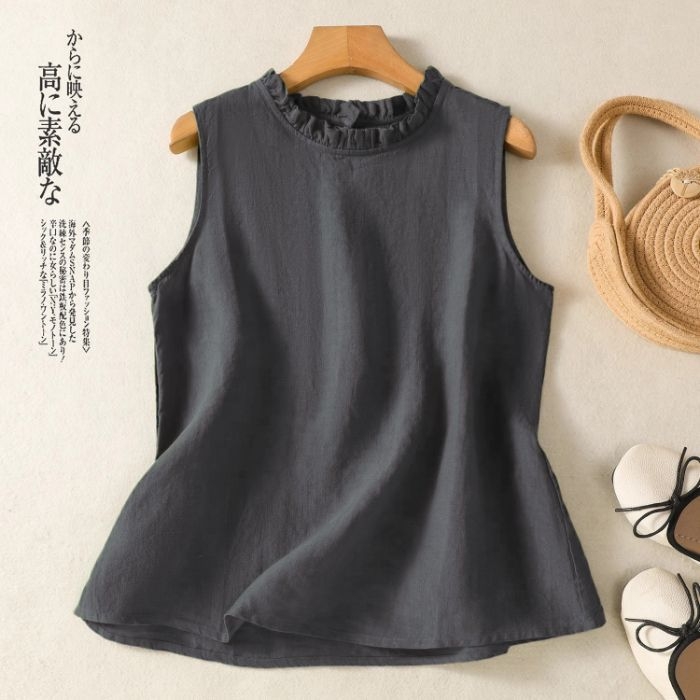 Retro pamut és lenvászon tiszta színű mellény felső nőknek, ujjatlan nyári új felsőruházat, gomba alakú gallér, western stílusú nagy méretű ing