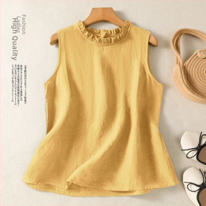 Retro pamut és lenvászon tiszta színű mellény felső nőknek, ujjatlan nyári új felsőruházat, gomba alakú gallér, western stílusú nagy méretű ing