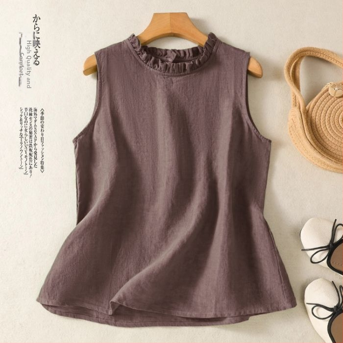 Retro pamut és lenvászon tiszta színű mellény felső nőknek, ujjatlan nyári új felsőruházat, gomba alakú gallér, western stílusú nagy méretű ing