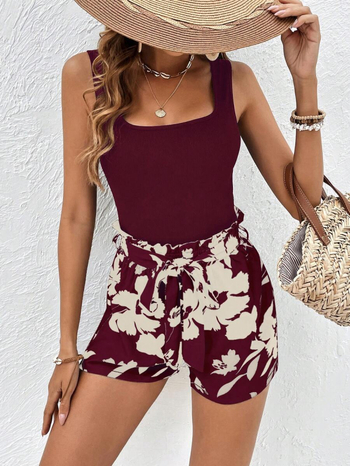 Γυναικείο Cross-Border Άνοιξη και Καλοκαίρι 2025, Δημοφιλές Floral Print σε Εξωτικό Θέρετρο Στυλ, Κομψό Σορτς, Σετ 2 Τεμαχίων