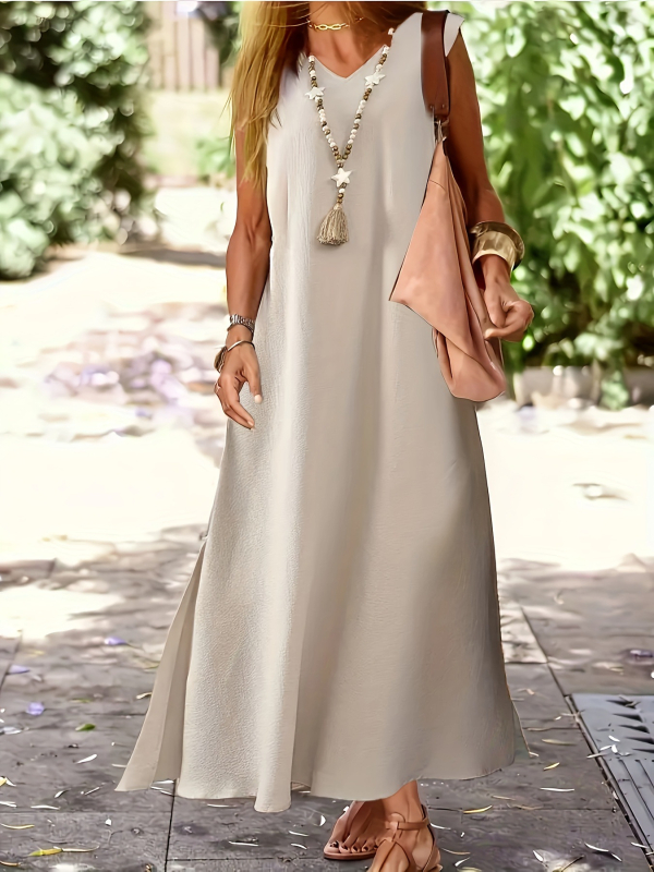 Határon átnyúló külkereskedelmi, plus size női ujjatlan, bő, V-nyakú ruha, vakációs fazon, hosszú, hasítékkal, 2025-ös új modell