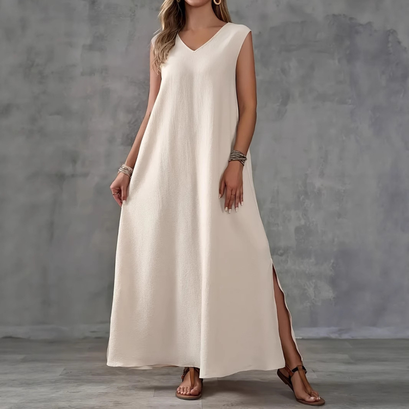 Határon átnyúló külkereskedelmi, plus size női ujjatlan, bő, V-nyakú ruha, vakációs fazon, hosszú, hasítékkal, 2025-ös új modell