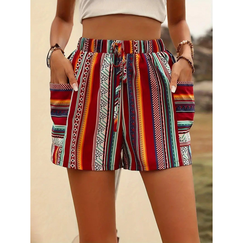 2024 m. vasaros atostogų mados laisvalaikio šortai iš „Amazon“ etninio stiliaus kontrastingos spalvos dryžuotos moteriškos kelnės