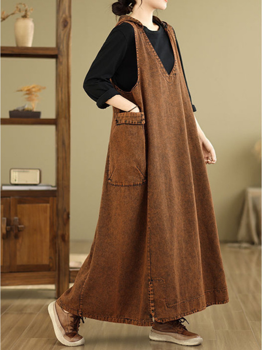 Vintage művészi V-nyakú kapucnis mellény farmer ruha Női bő plus size húst takaró hétköznapi nagy zsebes hosszú ruha