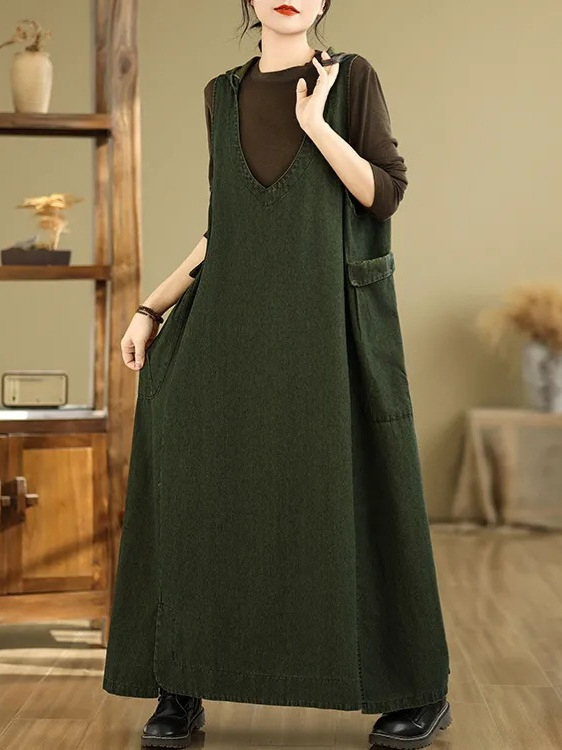 Vintage művészi V-nyakú kapucnis mellény farmer ruha Női bő plus size húst takaró hétköznapi nagy zsebes hosszú ruha