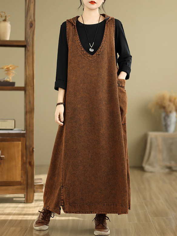 Vintage művészi V-nyakú kapucnis mellény farmer ruha Női bő plus size húst takaró hétköznapi nagy zsebes hosszú ruha