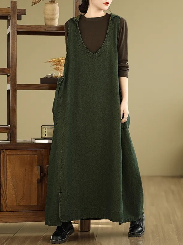 Vintage művészi V-nyakú kapucnis mellény farmer ruha Női bő plus size húst takaró hétköznapi nagy zsebes hosszú ruha