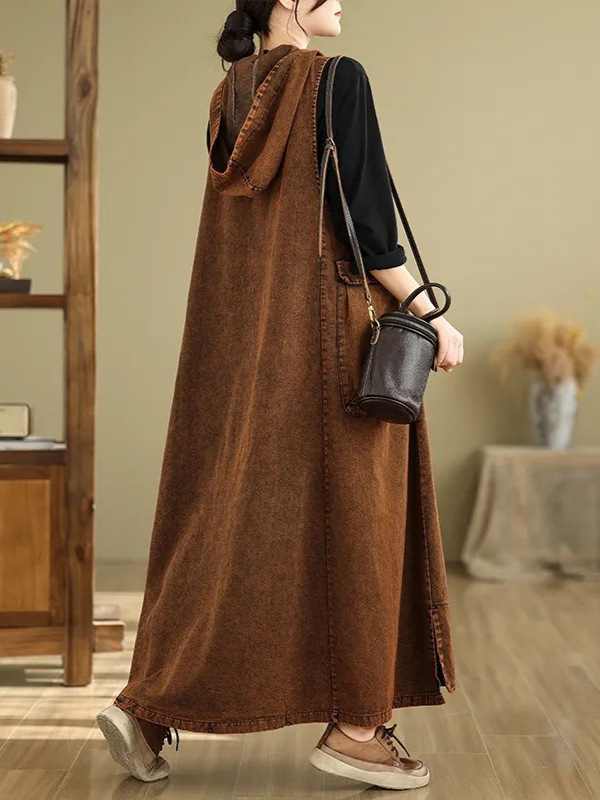 Vintage művészi V-nyakú kapucnis mellény farmer ruha Női bő plus size húst takaró hétköznapi nagy zsebes hosszú ruha