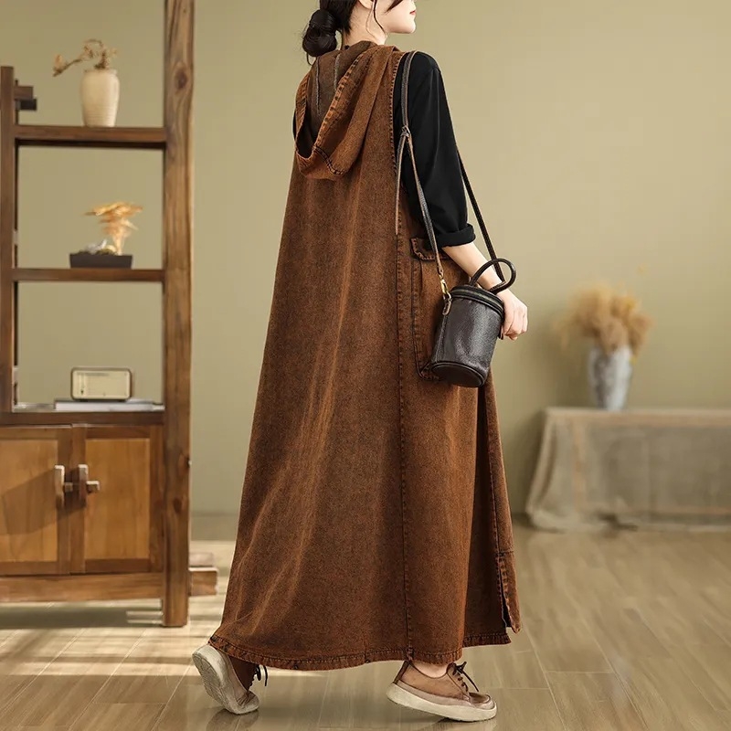 Vintage művészi V-nyakú kapucnis mellény farmer ruha Női bő plus size húst takaró hétköznapi nagy zsebes hosszú ruha
