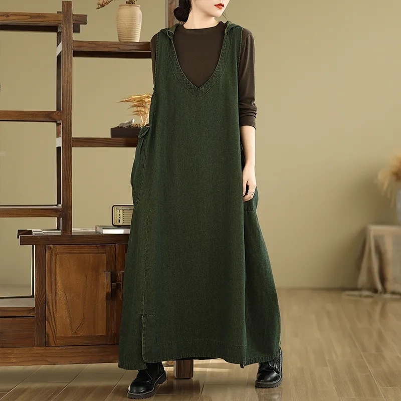 Vintage művészi V-nyakú kapucnis mellény farmer ruha Női bő plus size húst takaró hétköznapi nagy zsebes hosszú ruha