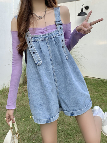 Női nyári vékony farmer overál apró testalkatokra, niche dizájn, laza retró, széles szárú rövidnadrág