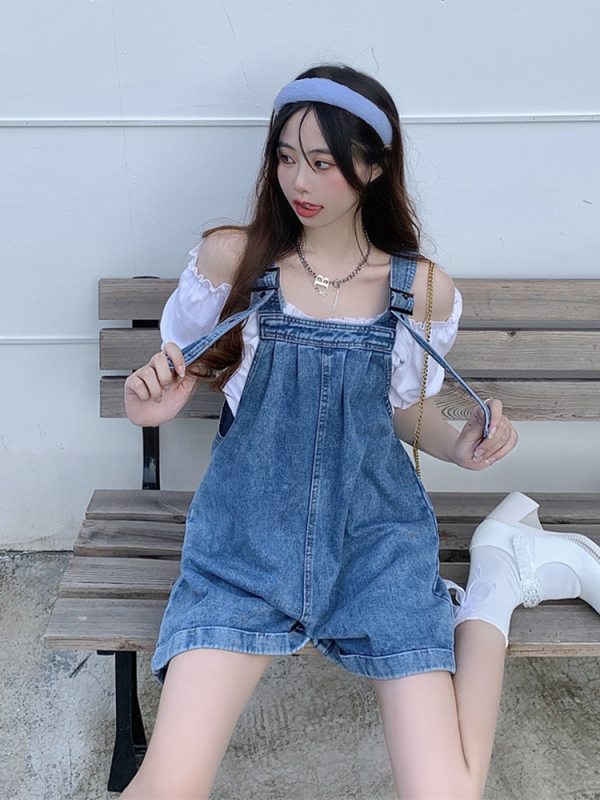 Női nyári vékony farmer overál apró testalkatokra, niche dizájn, laza retró, széles szárú rövidnadrág