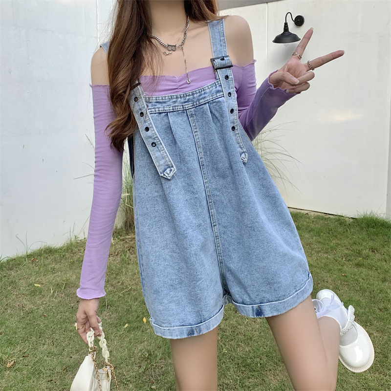 Női nyári vékony farmer overál apró testalkatokra, niche dizájn, laza retró, széles szárú rövidnadrág