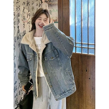 Gyapjúbéléssel ellátott, vastagított farmerkabát, pamuttal bélelt, téli, új, 2024-es téli koreai, laza, pamuttal bélelt ruhák, mindenhez illő, lezser felső.