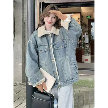 Παλτό με επένδυση από φλις και παχύ τζιν, βαμβακερό, Χειμώνας Νέο Χειμώνας 2024 Κορεάτικα Ρούχα με χαλαρή βαμβακερή επένδυση, ασορτί casual μπλούζα