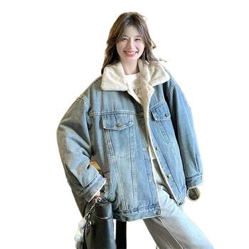 Παλτό με επένδυση από φλις και παχύ τζιν, βαμβακερό, Χειμώνας Νέο Χειμώνας 2024 Κορεάτικα Ρούχα με χαλαρή βαμβακερή επένδυση, ασορτί casual μπλούζα