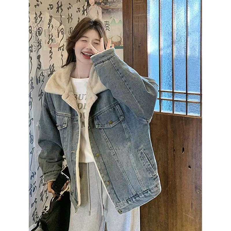 Gyapjúbéléssel ellátott, vastagított farmerkabát, pamuttal bélelt, téli, új, 2024-es téli koreai, laza, pamuttal bélelt ruhák, mindenhez illő, lezser felső.